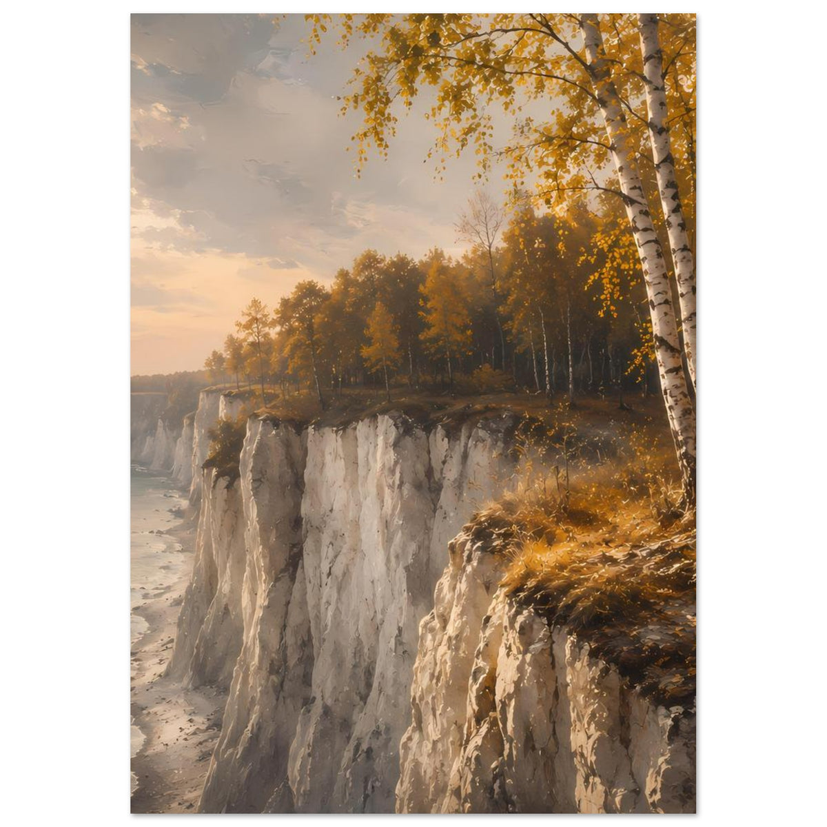 Poster mit Steilküste, Birkenkrone oben und goldenen Blättern im Herbst