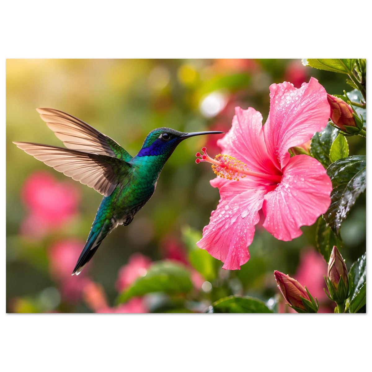 Naturposter mit Kolibri im Flug und pinkem Hibiskus, rechteckig gerahmt