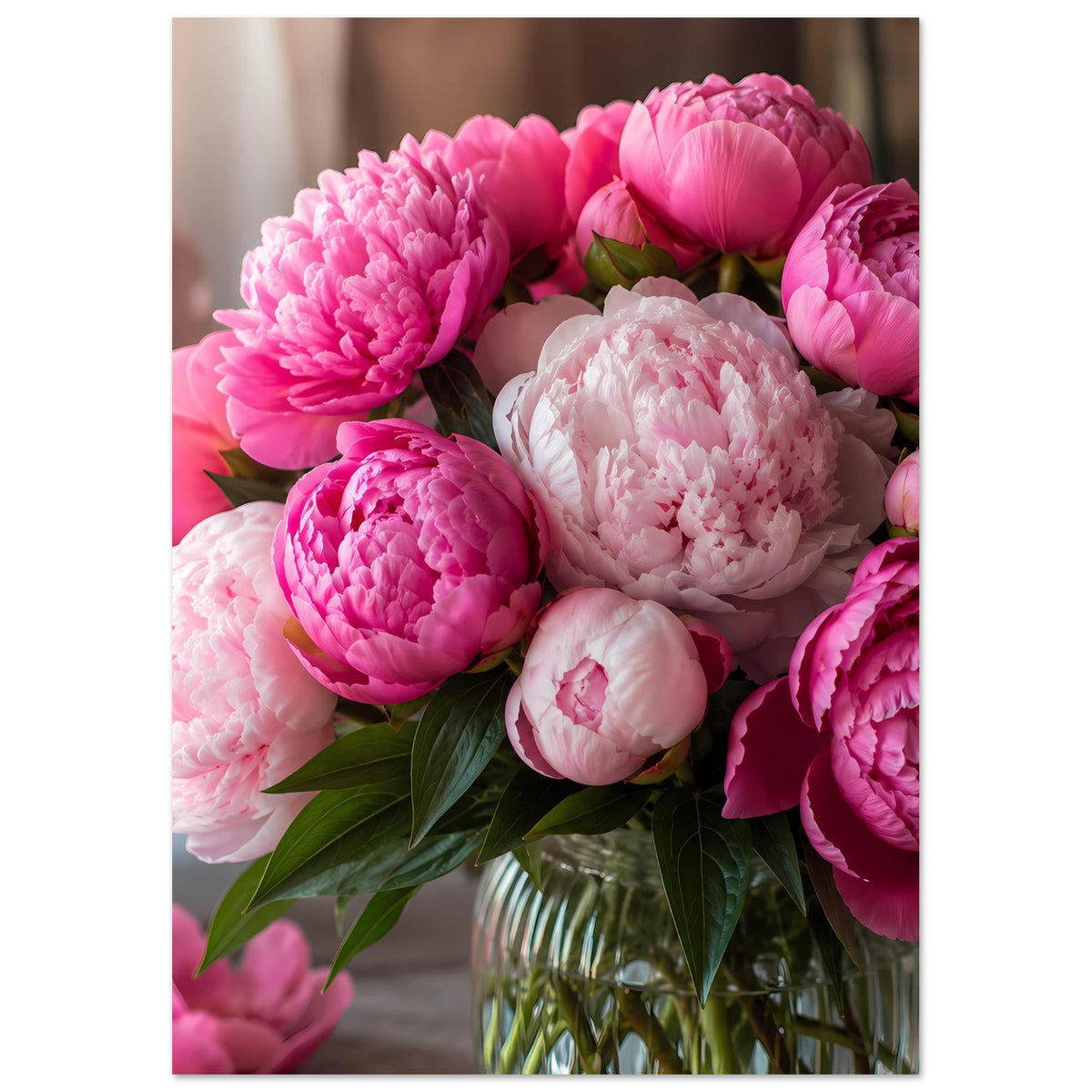 Vertikales Poster mit Pfingstrosenbouquet in Pinktönen und weißer Blüte