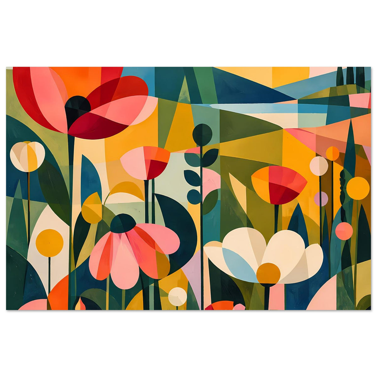 Abstraktes Blumenposter mit Nahansicht: bunte Blüten, Punkte und vertikale Pflanzenformen