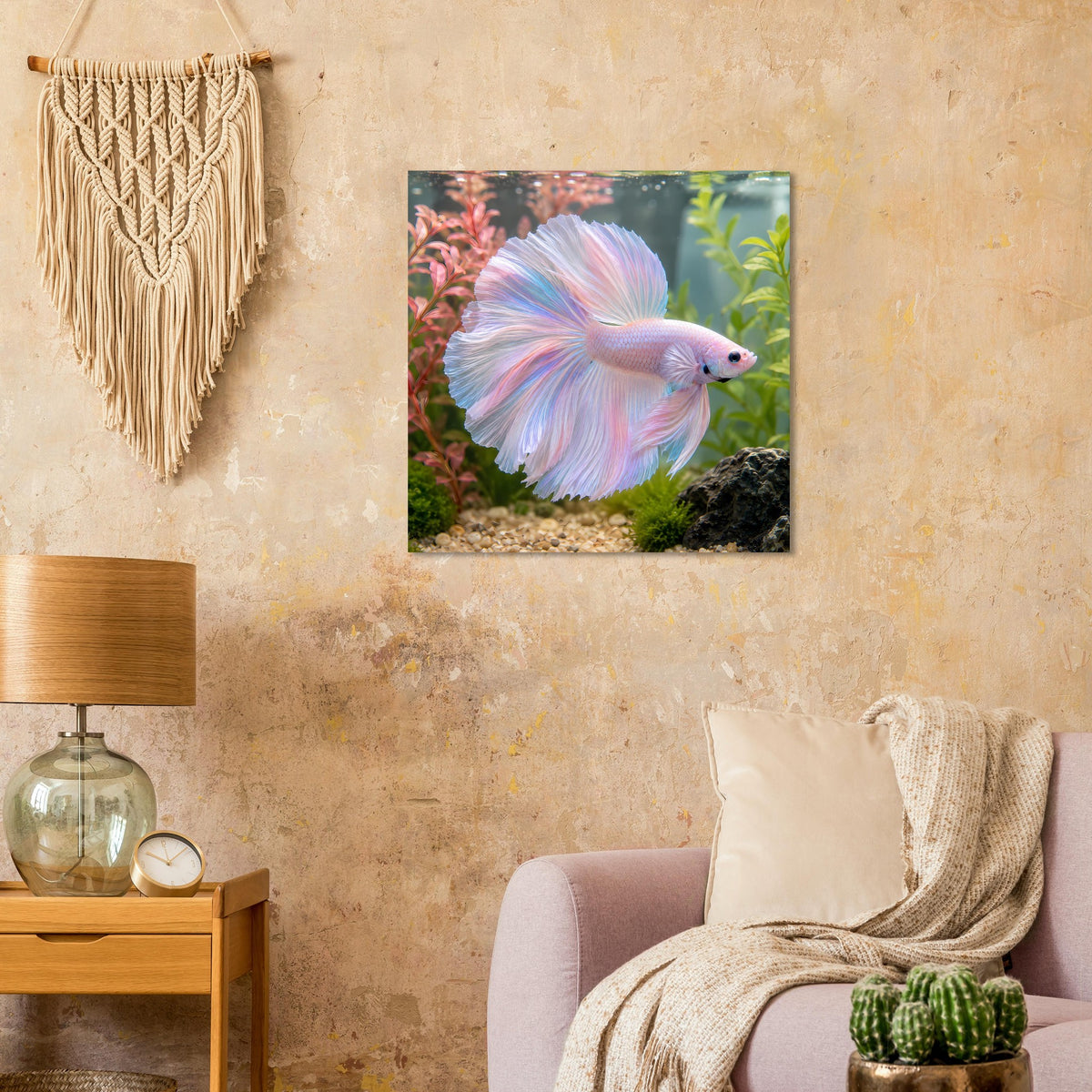 Quadratischer Kunstdruck: blaurosa Kampffisch mit langen Flossen im Aquarium