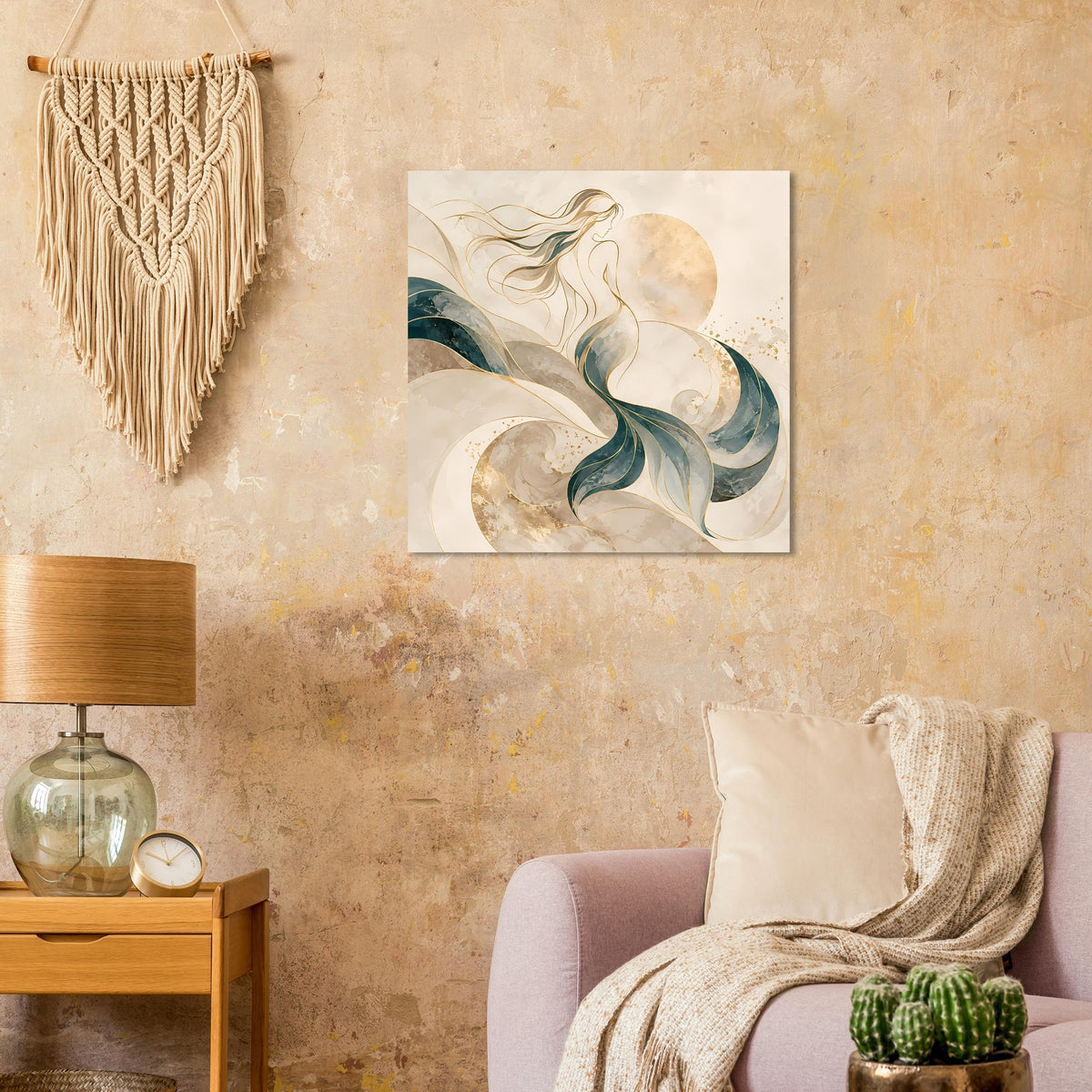 Kunstposter mit Meerjungfrau-Motiv, creme-goldene Kreise und grüne Wasserwirbel