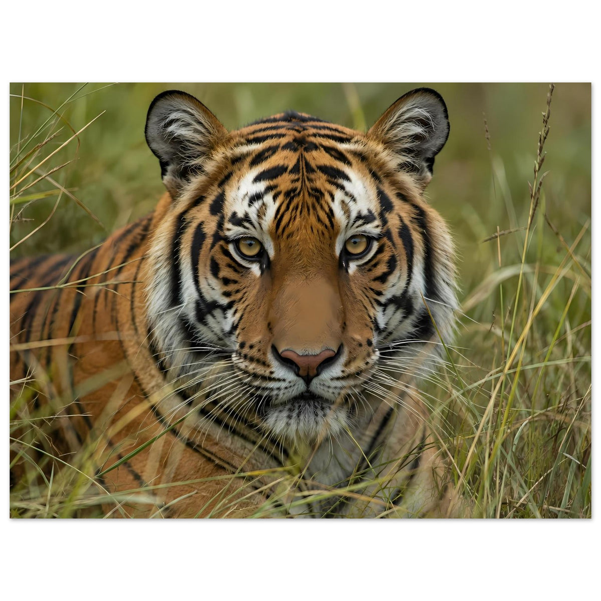 Quadratisches Poster: Tiger im Gras mit Stirnzeichnung und Schnauze, Nahansicht