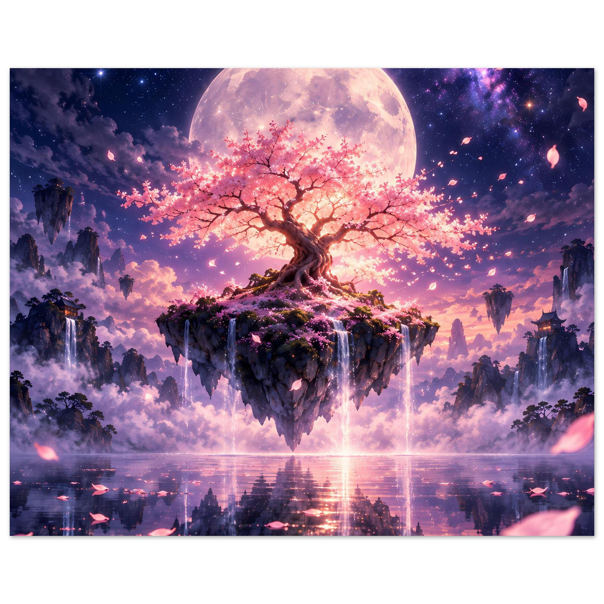 Poster im Querformat: Kirschblütenbaum auf schwebender Insel bei Vollmond