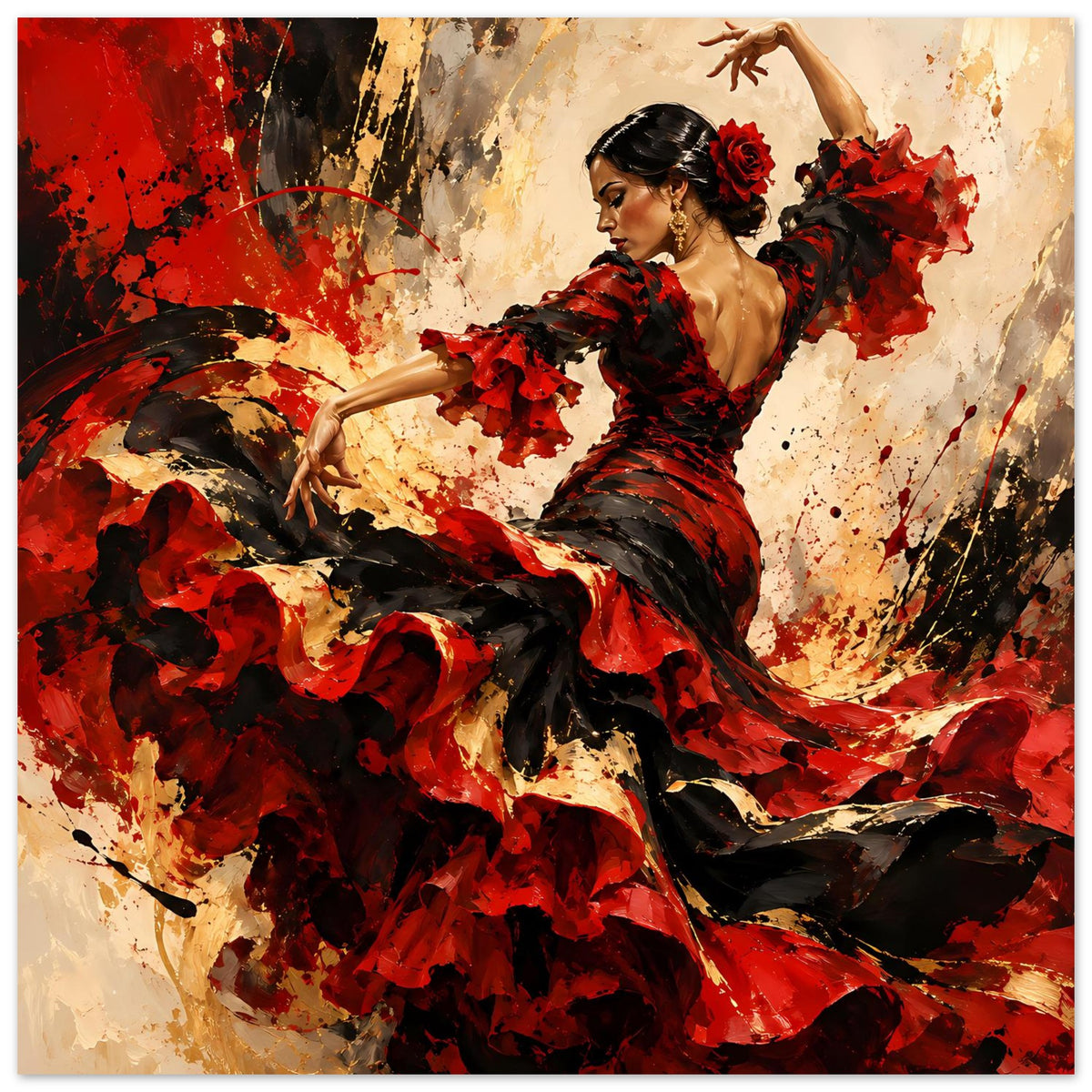 Poster: Flamenco-Tänzerin im roten und schwarzen Kleid, erhobener Arm