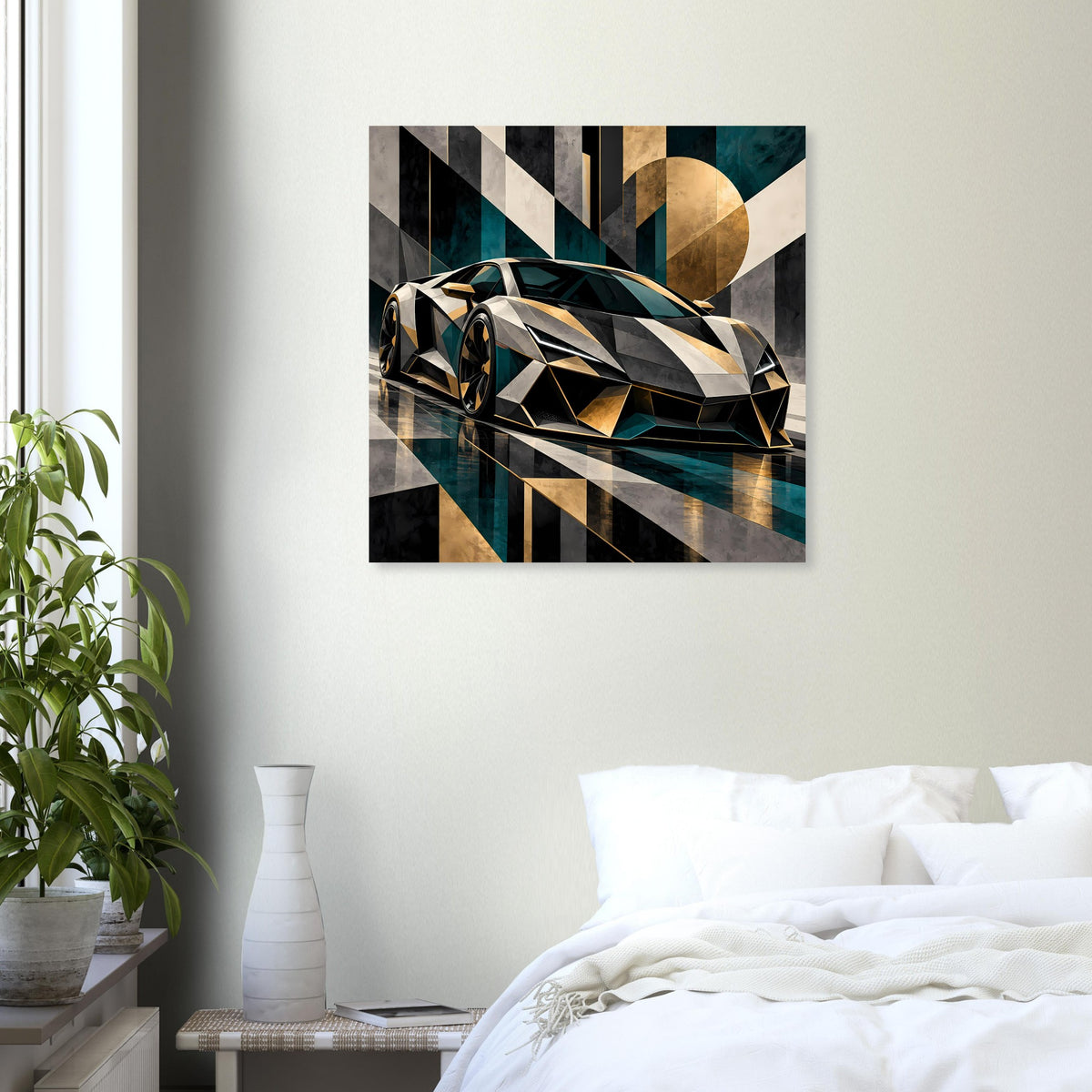 Quadratisches Autoposter: geometrischer Sportwagen mit Gold-Highlights und Petrol-Linien