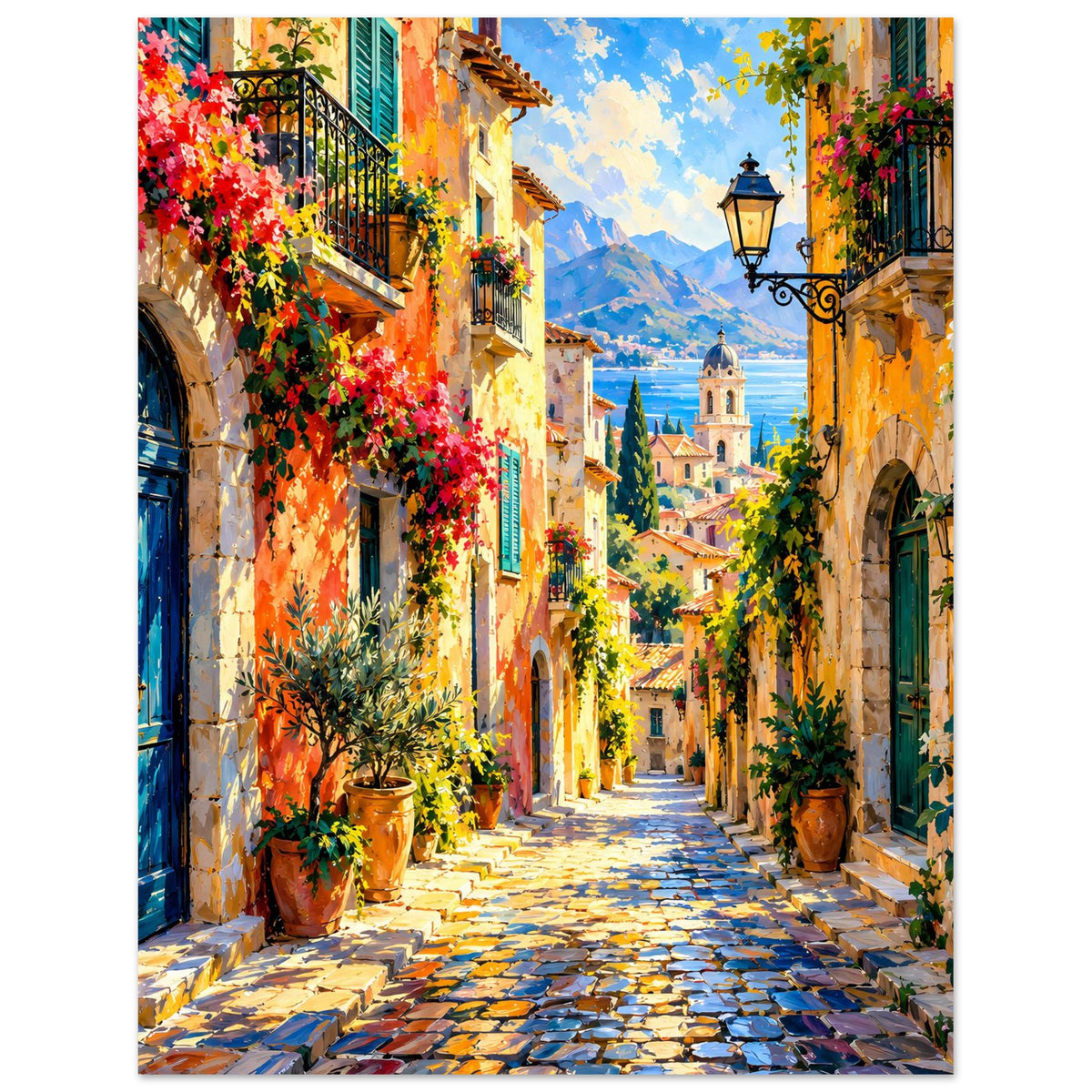 Kunstposter mit Blick in die mediterrane Gasse, Blumenranken an den Häusern und Straßenlaterne