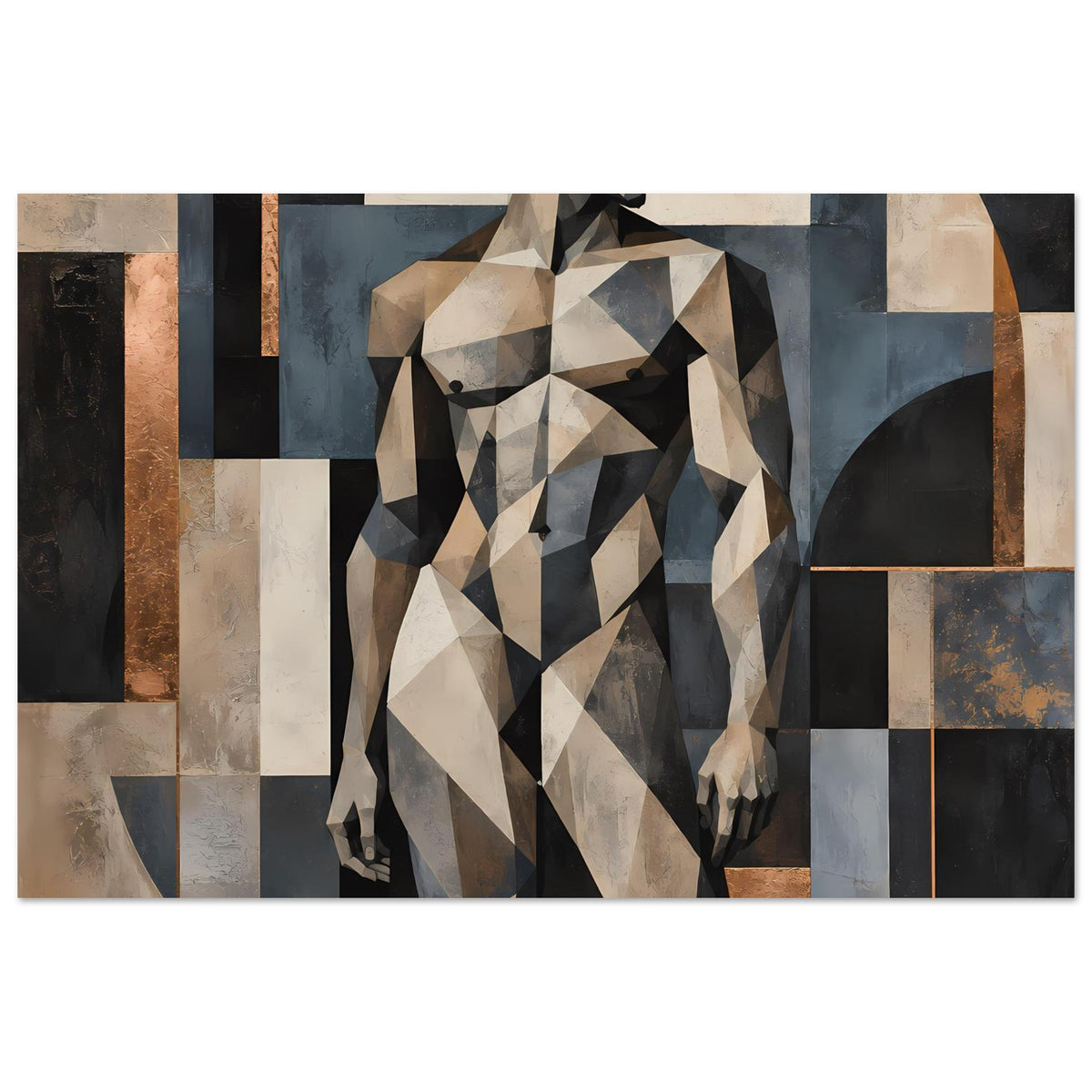 Kunstposter mit geometrischer Aktfigur, polygonale Frau in warmen Beige-, Grau- und Schwarznuancen