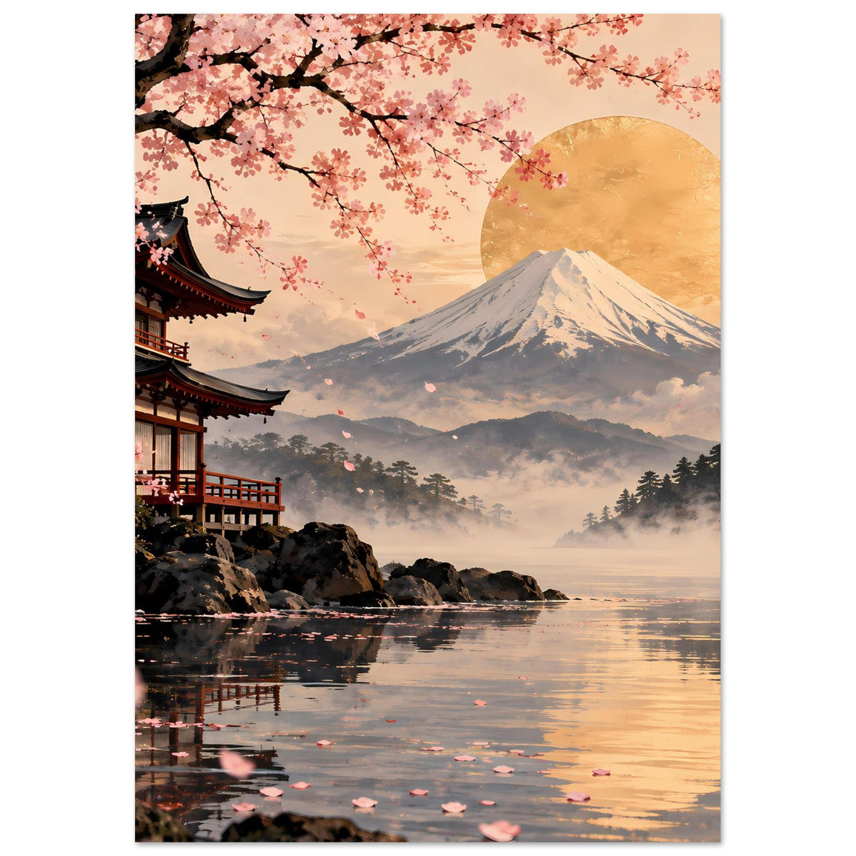 Poster mit Kirschblüten über Fuji-Berg, goldenem Mond und spiegelndem Wasser mit Stegen