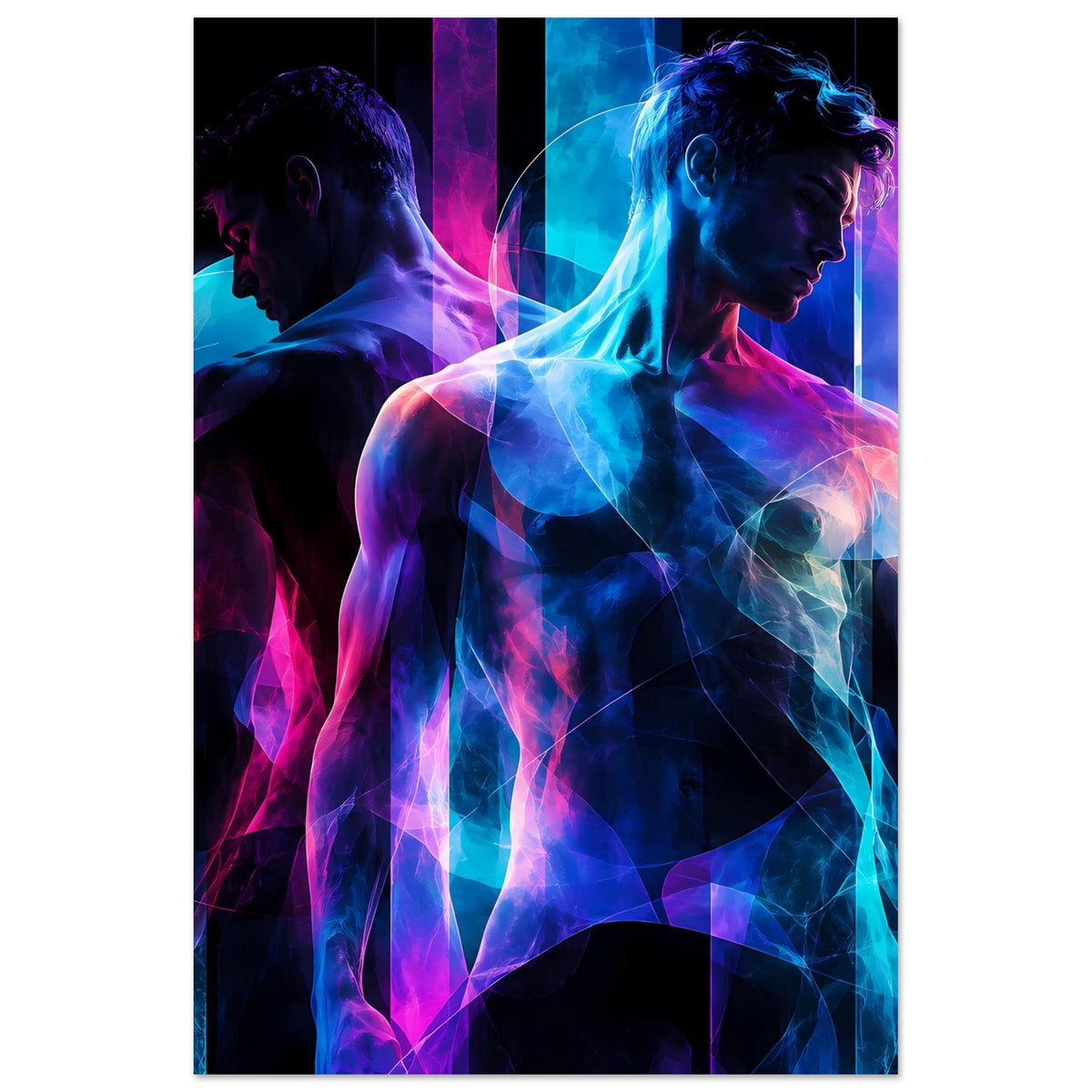 Kunstposter mit neonabstraktem Doppelportrait, Profilfiguren in Blau und Pink