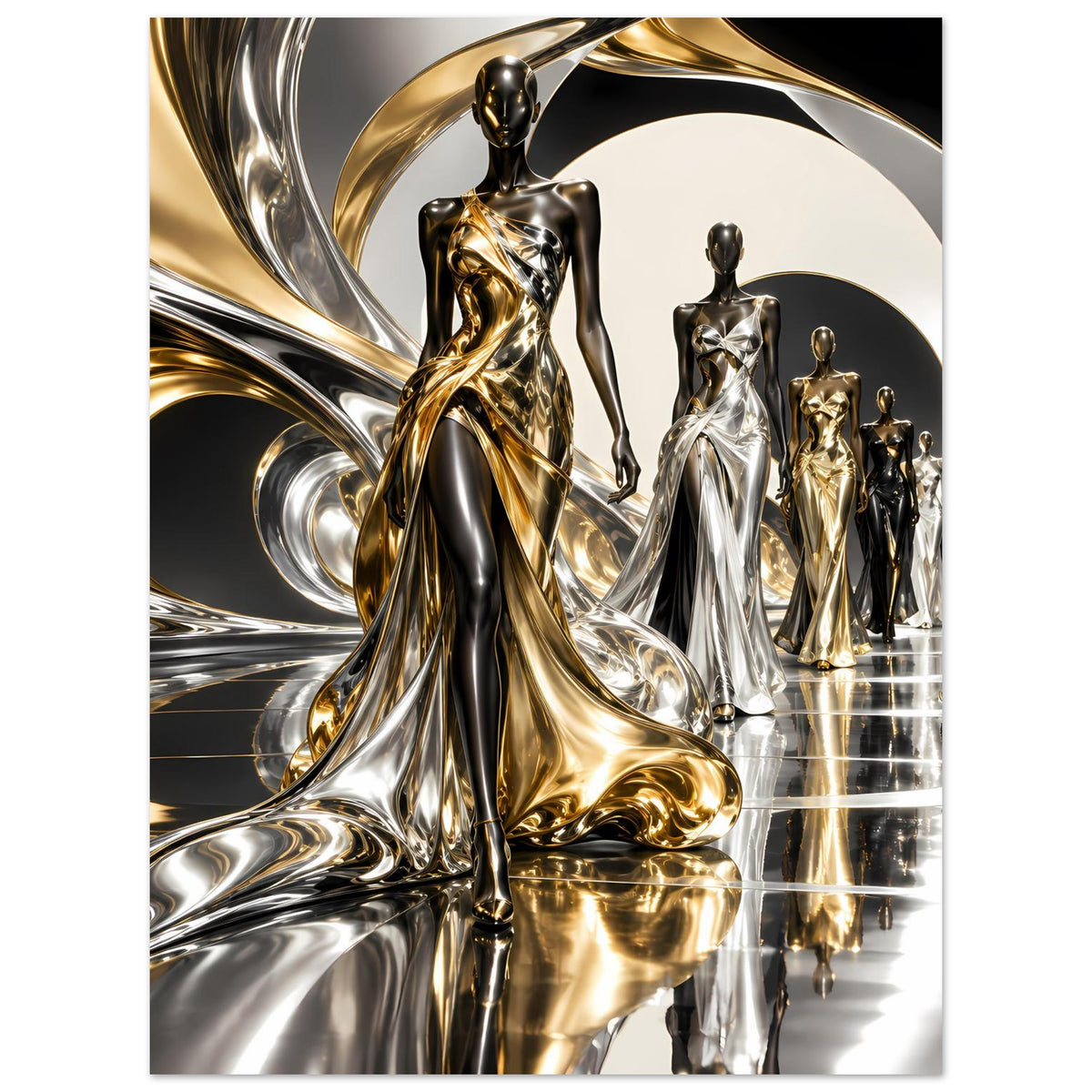 Poster mit gold- und silberfarbenen Figuren, mehrere Statuen in Reihe und Spiegelreflexion