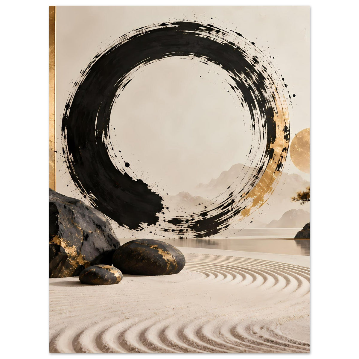 Minimalistische Tuschekunst mit schwarzem Enso-Kreis und goldener Mitte