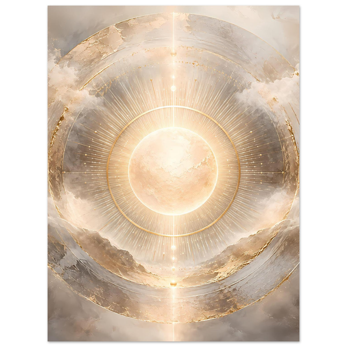 Kosmos-Poster mit goldener Sonnenscheibe und konzentrischen Ringen, strahlenförmige Linien