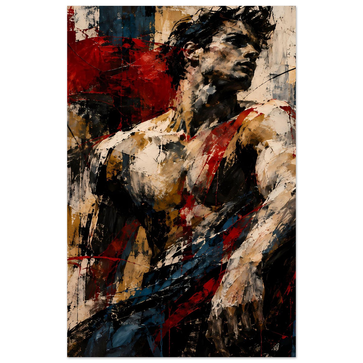 Abstraktes Muskelkunst-Poster mit muskulösem Mann im Profil, rot, blau, schwarz, beige Akzente
