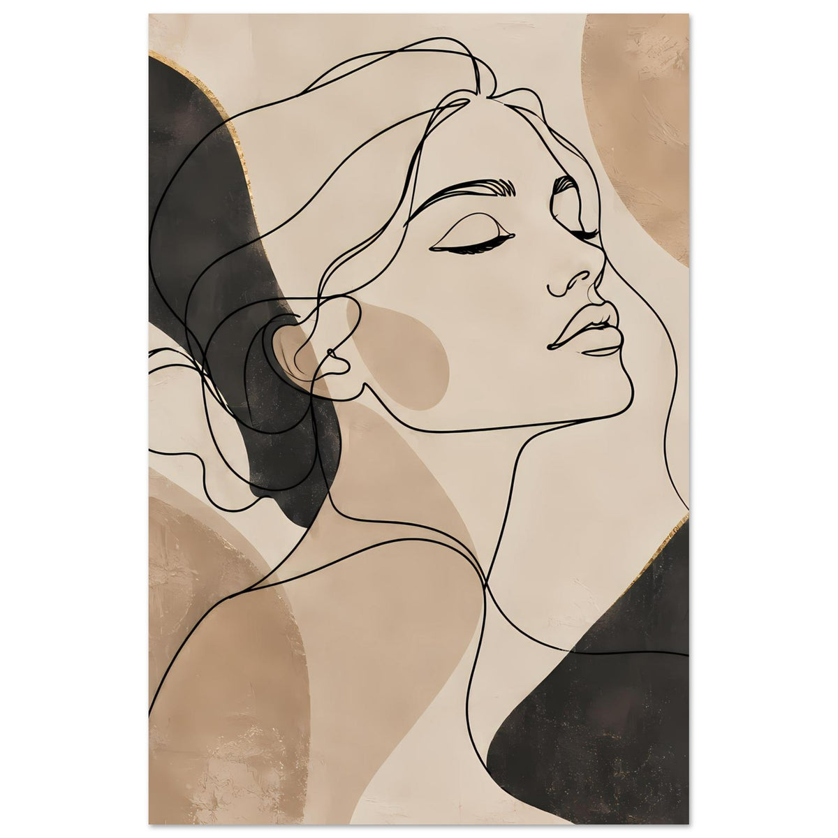 Kunstposter mit Line-Art von Gesicht und Haaren, Beigeflächen und dunklen Formen