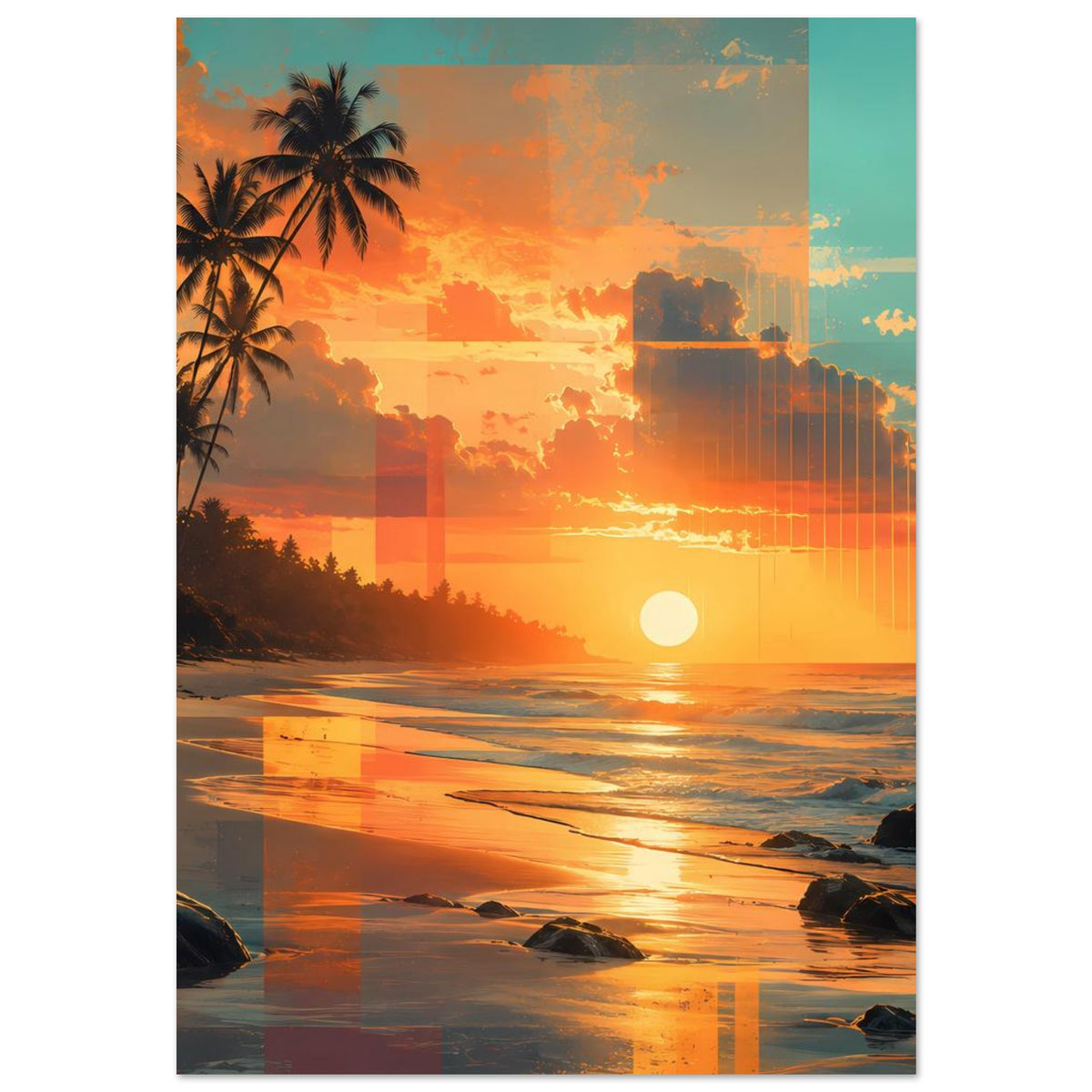 Vertikales Strandposter mit Palmen links, großer Sonne und buntem Sonnenuntergang