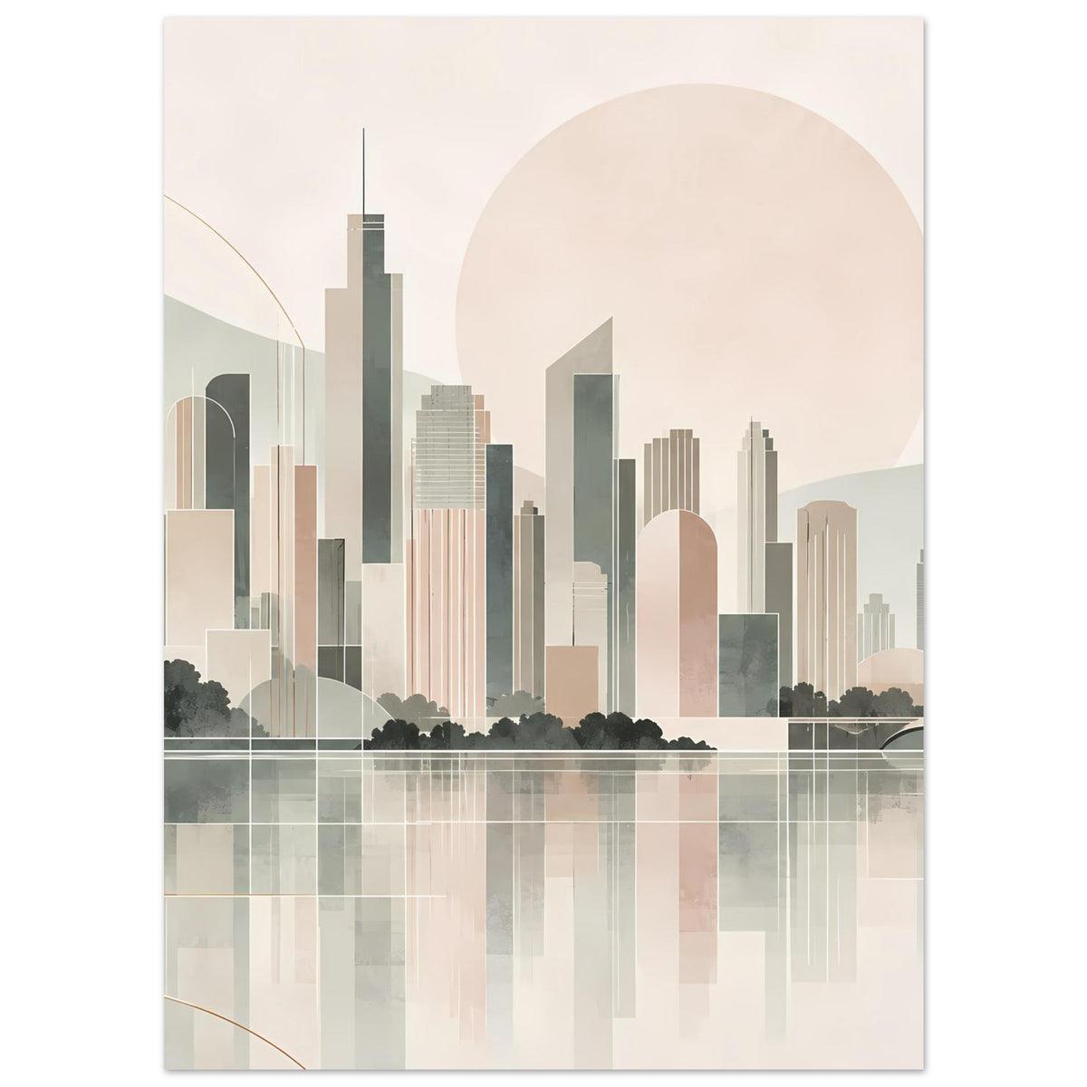 Stadtposter im Hochformat mit Skyline und Spiegelbild, große Sonnenscheibe in Pastelltönen