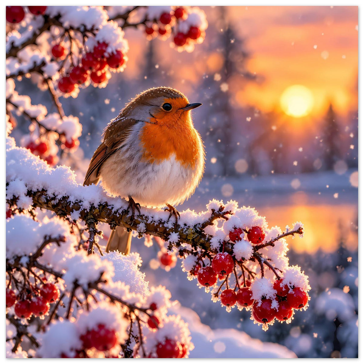 Querformat-Poster: Rotkehlchen sitzt auf schneebedecktem Ast mit roten Beeren