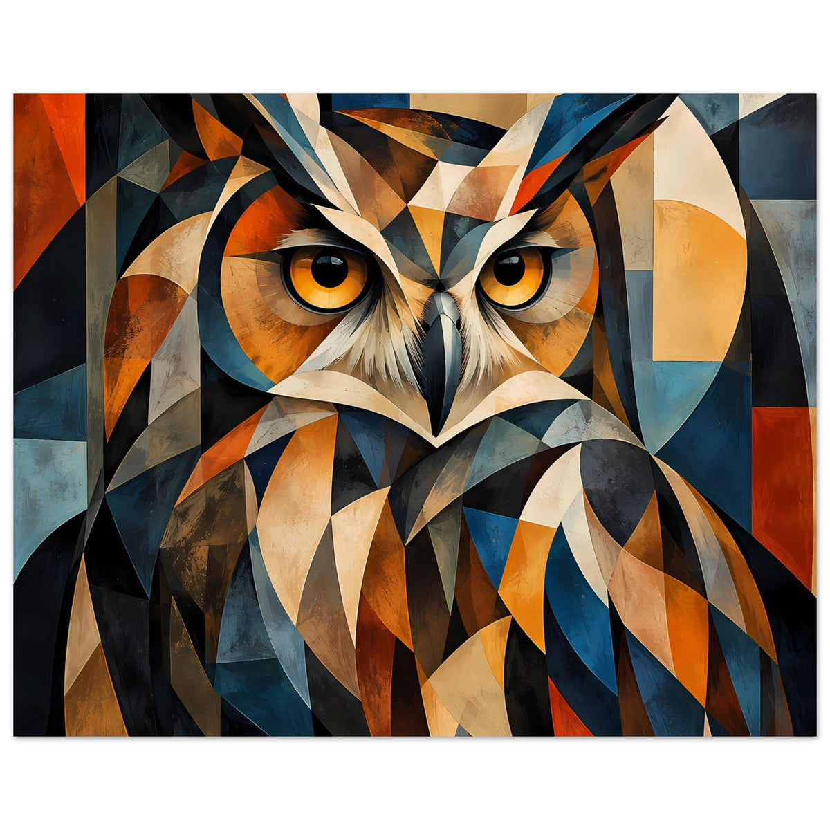 Geometrisches Eulen-Wandposter, farbige Dreiecksoptik, orange-gelbe Augen, tiefe Blautöne