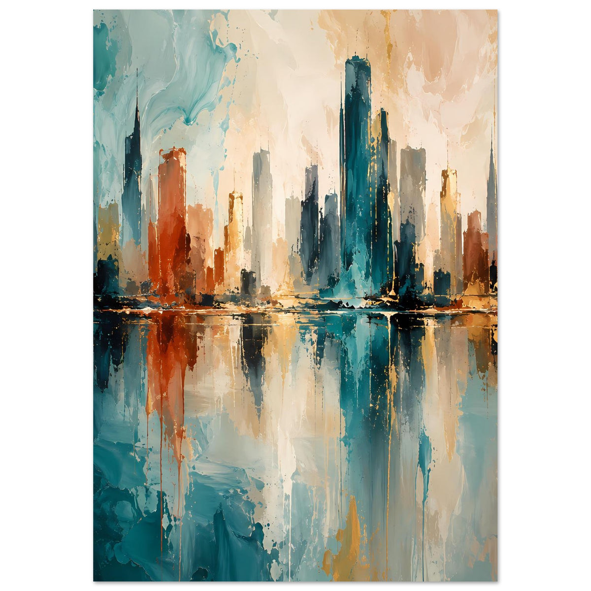 Abstraktes Skyline-Poster mit Wasserreflexion, Blau- und Rosttöne, im Rahmen
