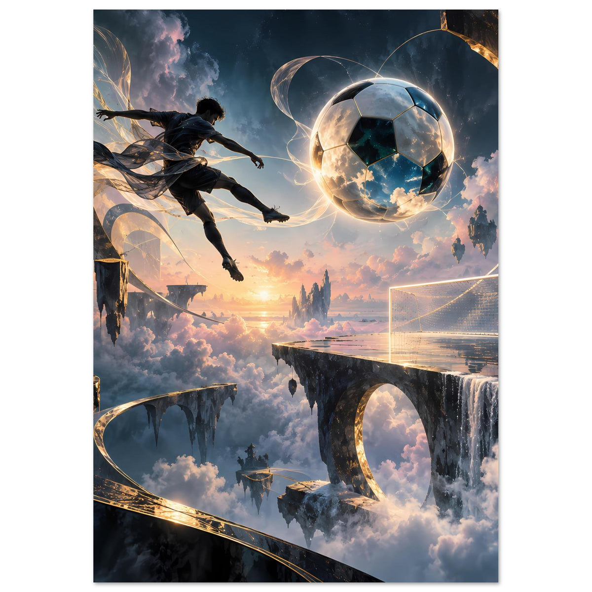 Futuristisches Fußballposter im Hochformat: schwebender Ball, Tor und spielender Fußballer