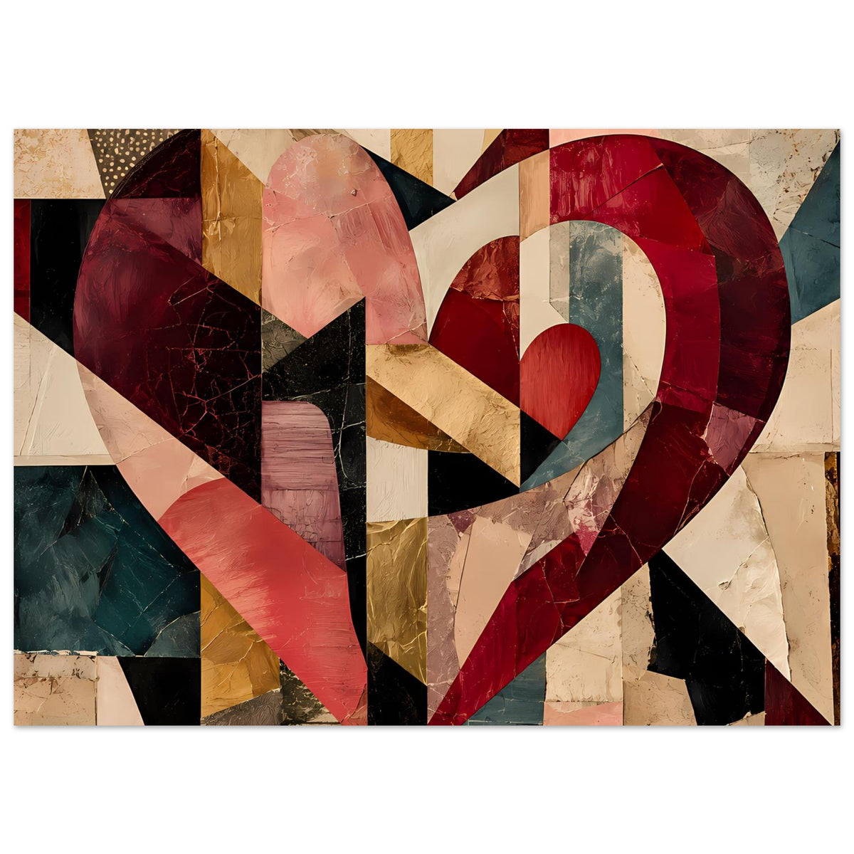 Abstraktes Herz-Cubist-Poster, horizontale Ansicht: geometrische Patchwork-Formen in Rot und Beige