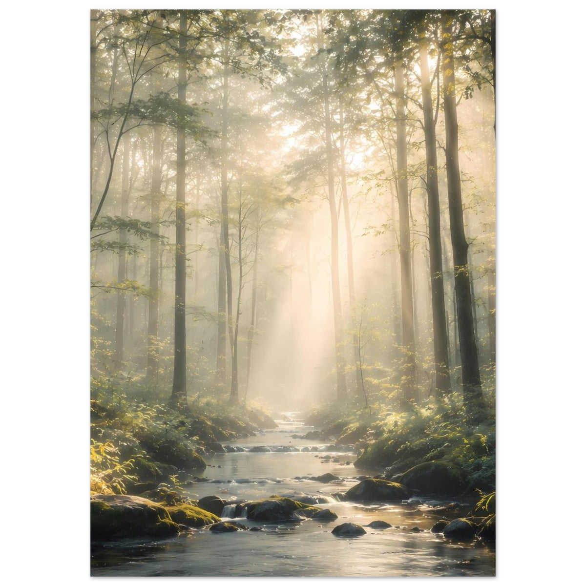 Naturposter mit Waldlichtung, Sonnenstrahlen und Bachlauf durch dunklen Nadelwald