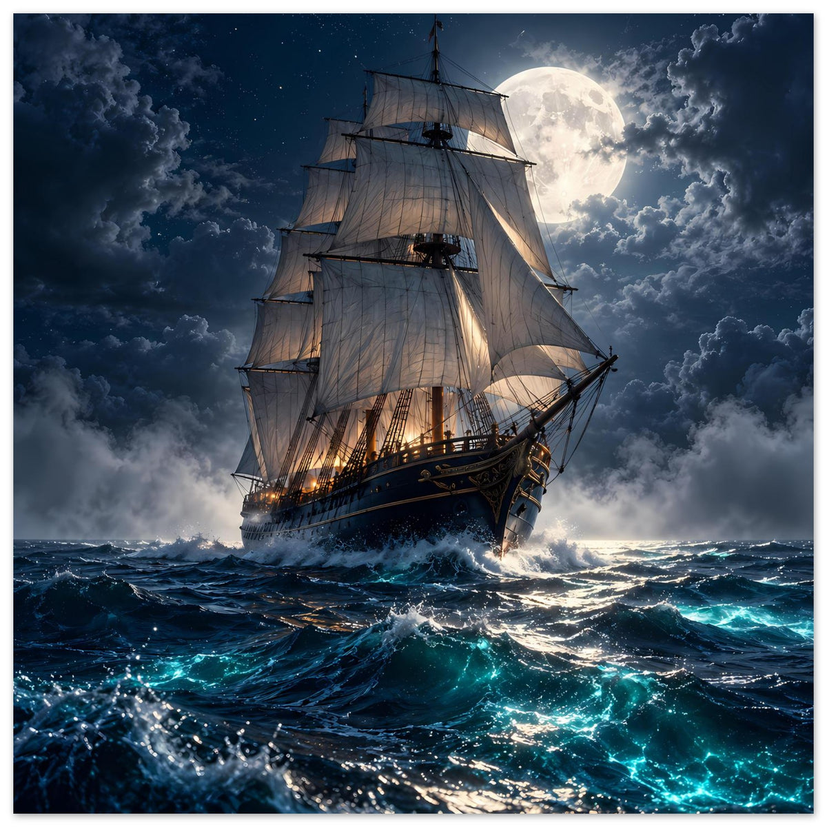 Segelschiff-Poster bei Nacht: Vollmond, stürmische Wellen und warm beleuchtete Takelage
