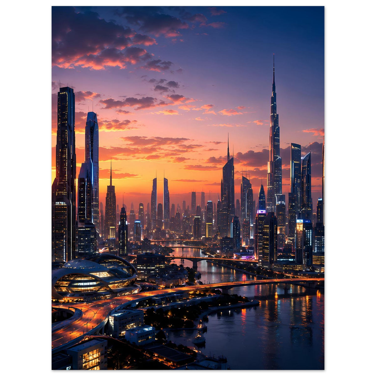 Hochformatiges Skyline-Sonnenuntergangs-Poster mit Skyline und Fluss im Abendlicht
