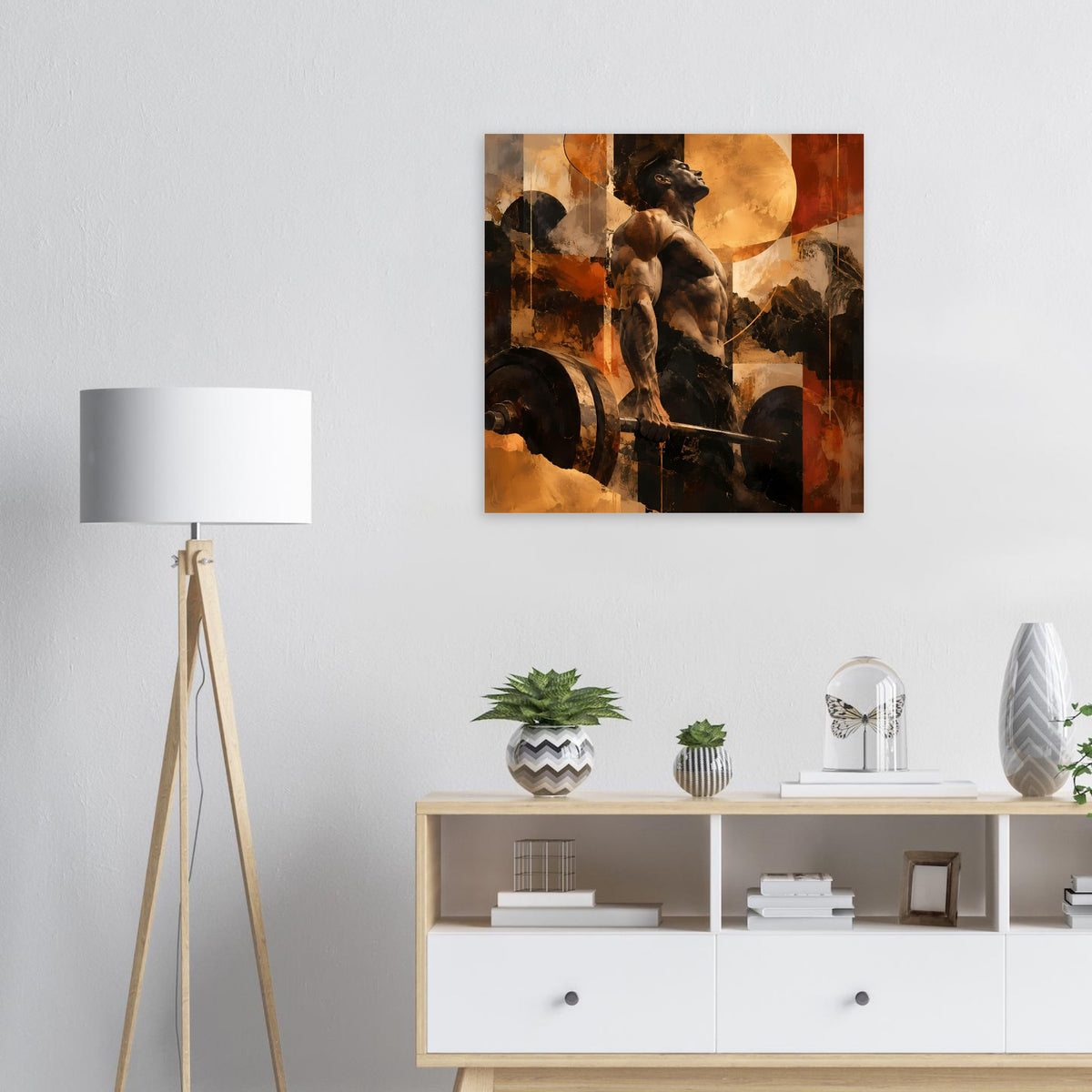 Fitnesskunst-Poster mit Hantel-Figur im dunklen Silhouettenlook, warmes Erdton-Design