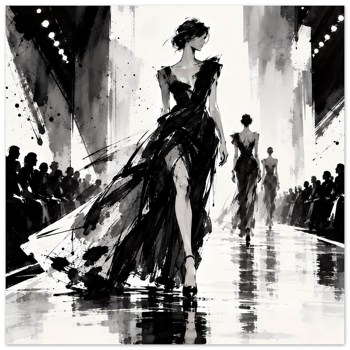 Mode-Illustrationsposter: elegante Frau im schwarzen Abendkleid, mehrere Laufsteg-Figuren im Hintergrund