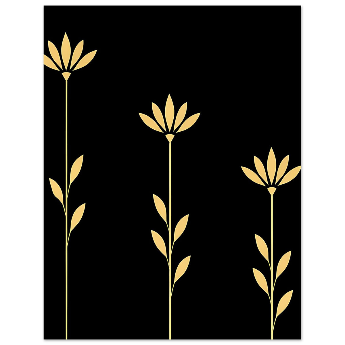 Vertikales Poster: goldene Blüten und Blätter auf schwarzem Hintergrund