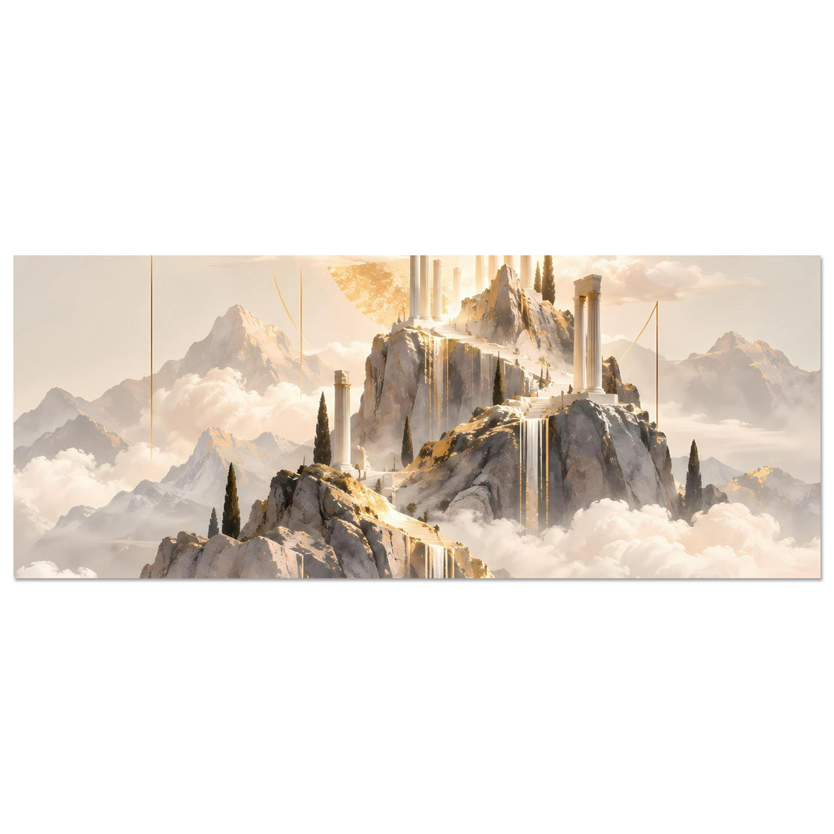 Horizontales Poster mit Tempel-Motiv: goldener Kreis über Felsen und Säulen
