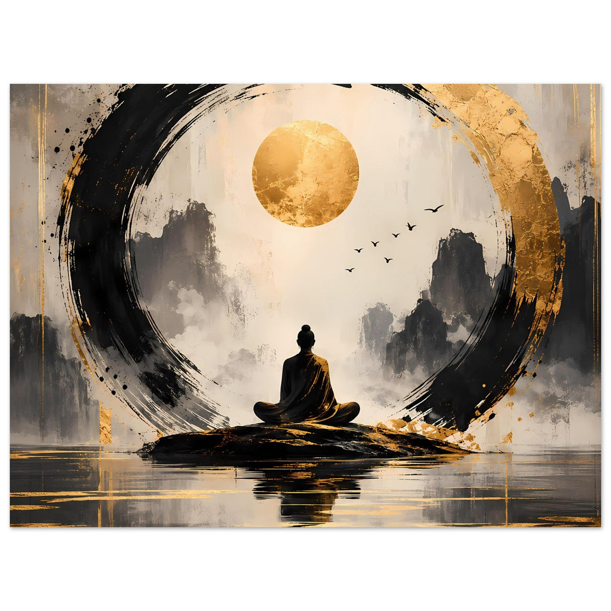 Meditationsposter mit sitzendem Meditierenden, goldener Sonne, kontrastreichem Schwarz-Gold-Kreis und Bodenreflexion