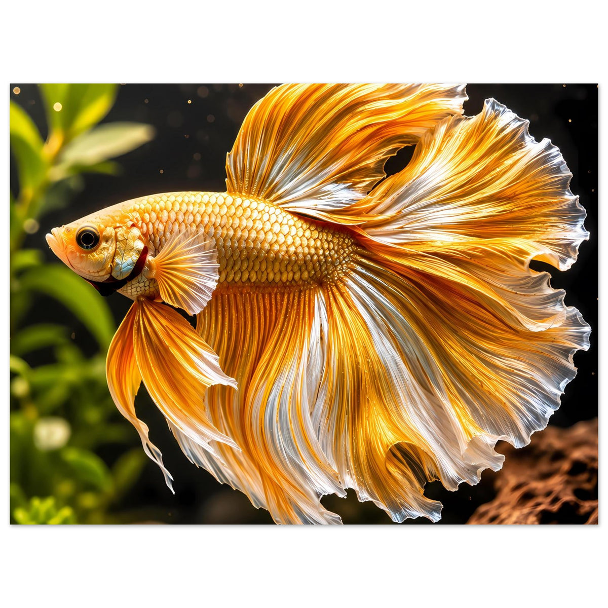 Poster mit goldfarbenem Betta-Kampffisch und leuchtend goldenen Flossen, weiß akzentuiert