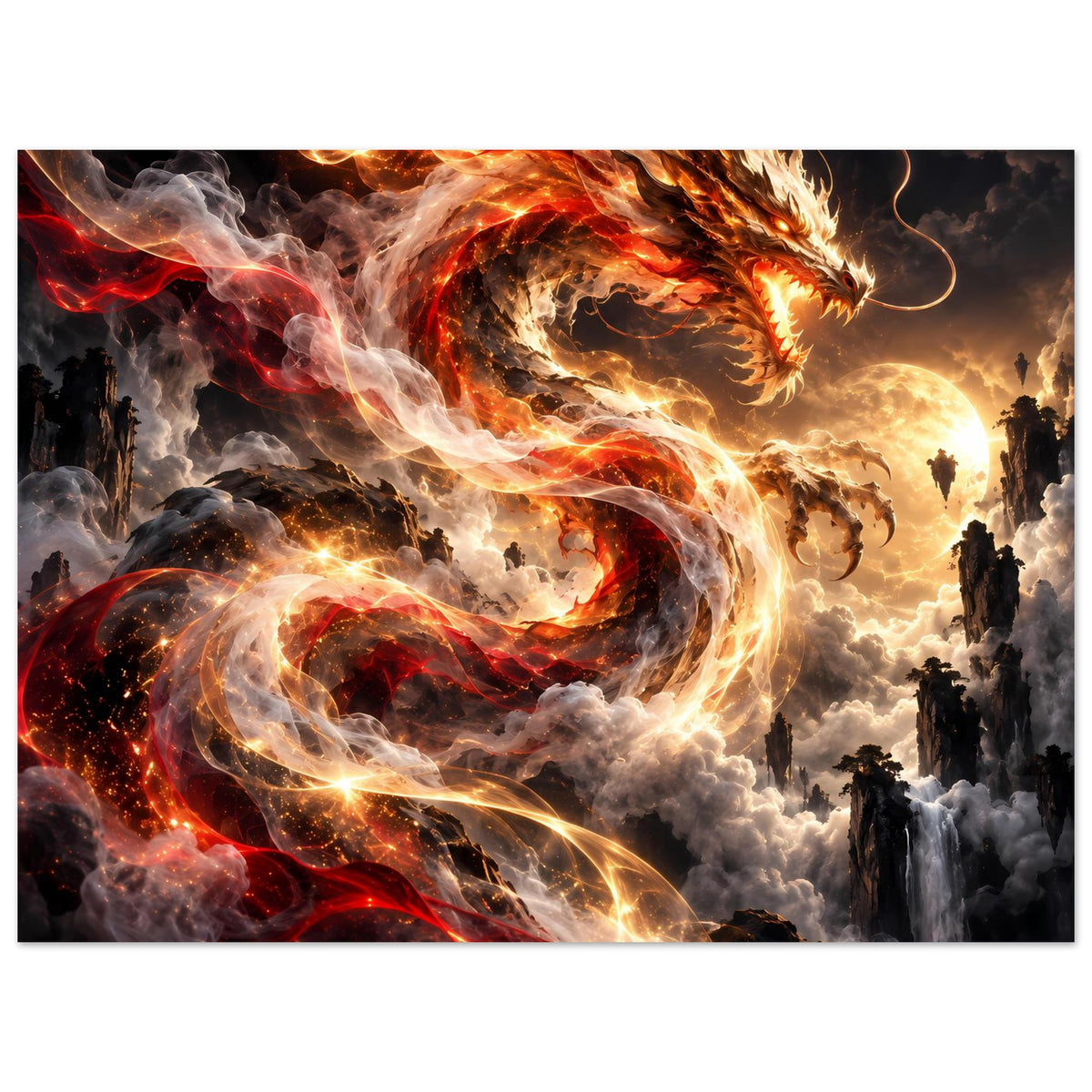 Fantasy-Poster mit Feuerdrache in Rot und Gold, Flammenaura und drehender Rauchspirale