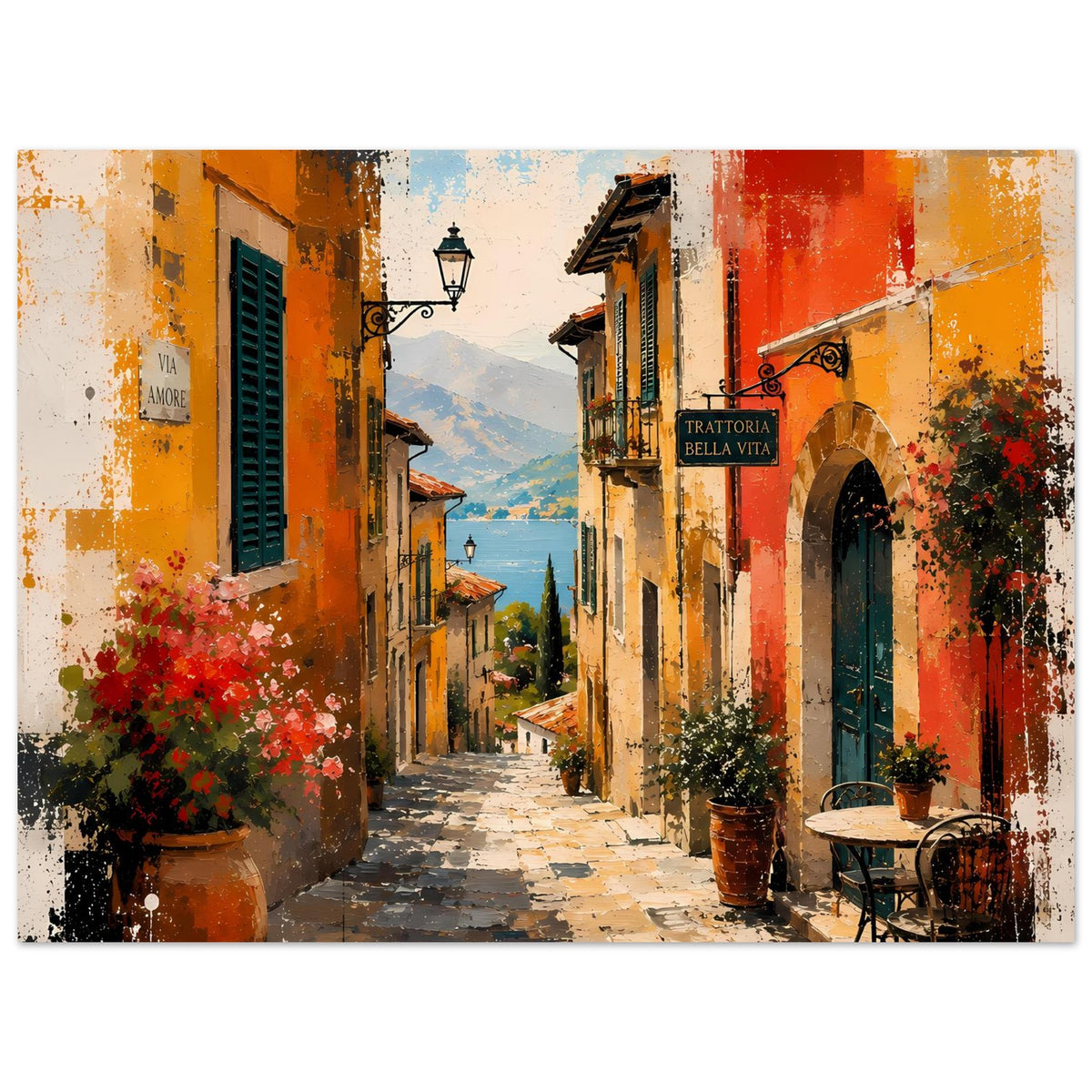 Querformatiges Wandposter: mediterrane Gasse in warmen Sonnenfarben, Pflanzenkübel und Sitzbank
