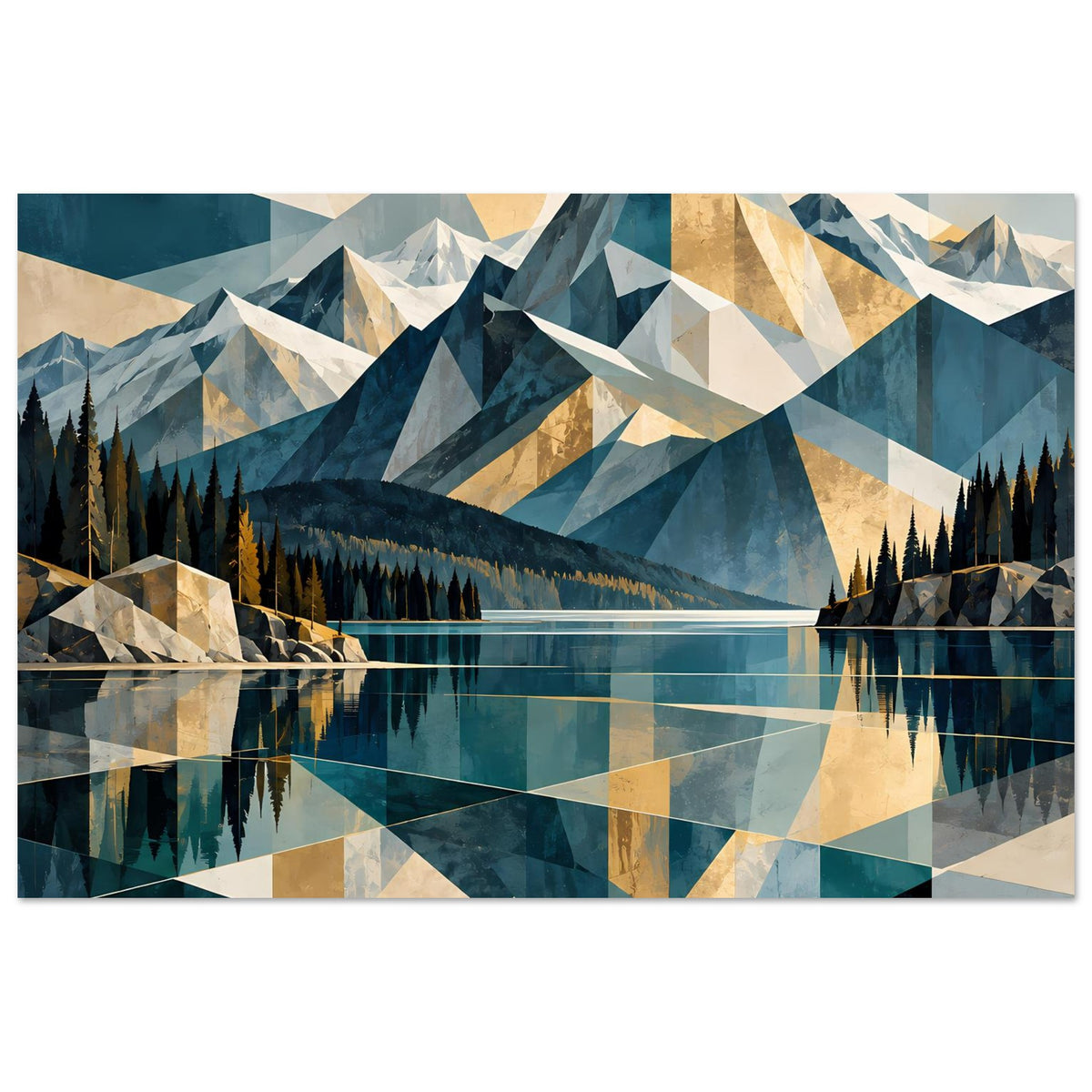 Wandposter Landschaft im Geometrie-Look: Berge, Nadelwald, See und reflektierende Linien