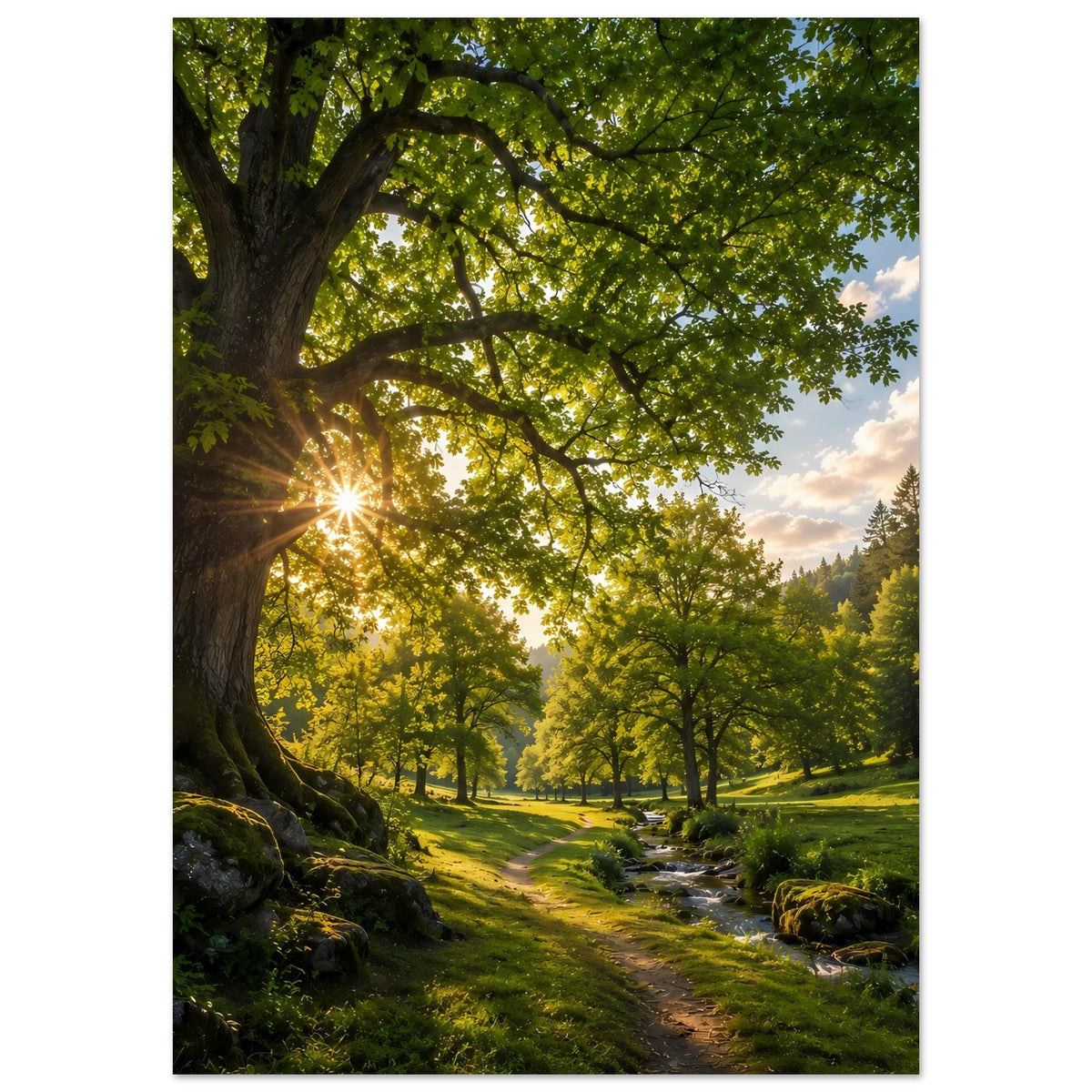 Wandposter mit Waldweg im Grünen, Bach in der Senke unter weit verzweigten Ästen