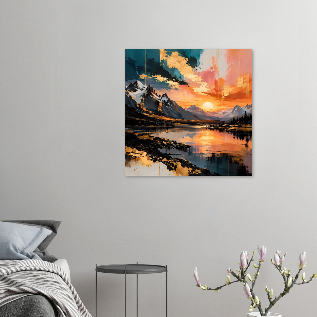 Kleines Poster im Querformat mit Sonnenuntergang über Bergen und See