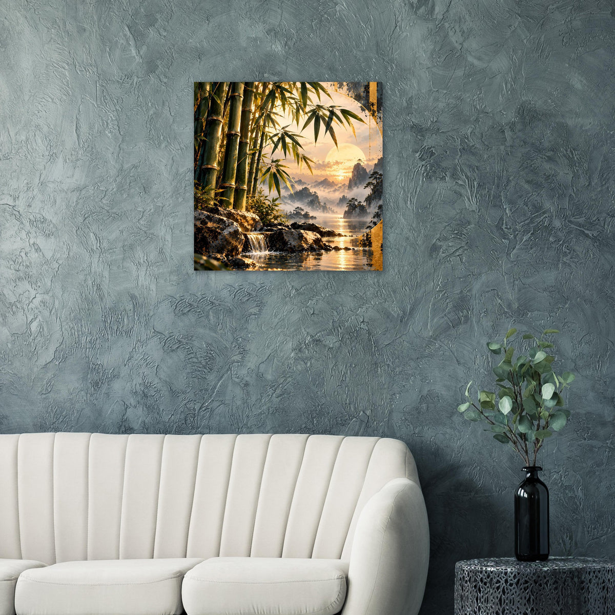 Quadratisches Wandposter mit Bambus, Wasserfall und Sonnenuntergang, im Rahmen