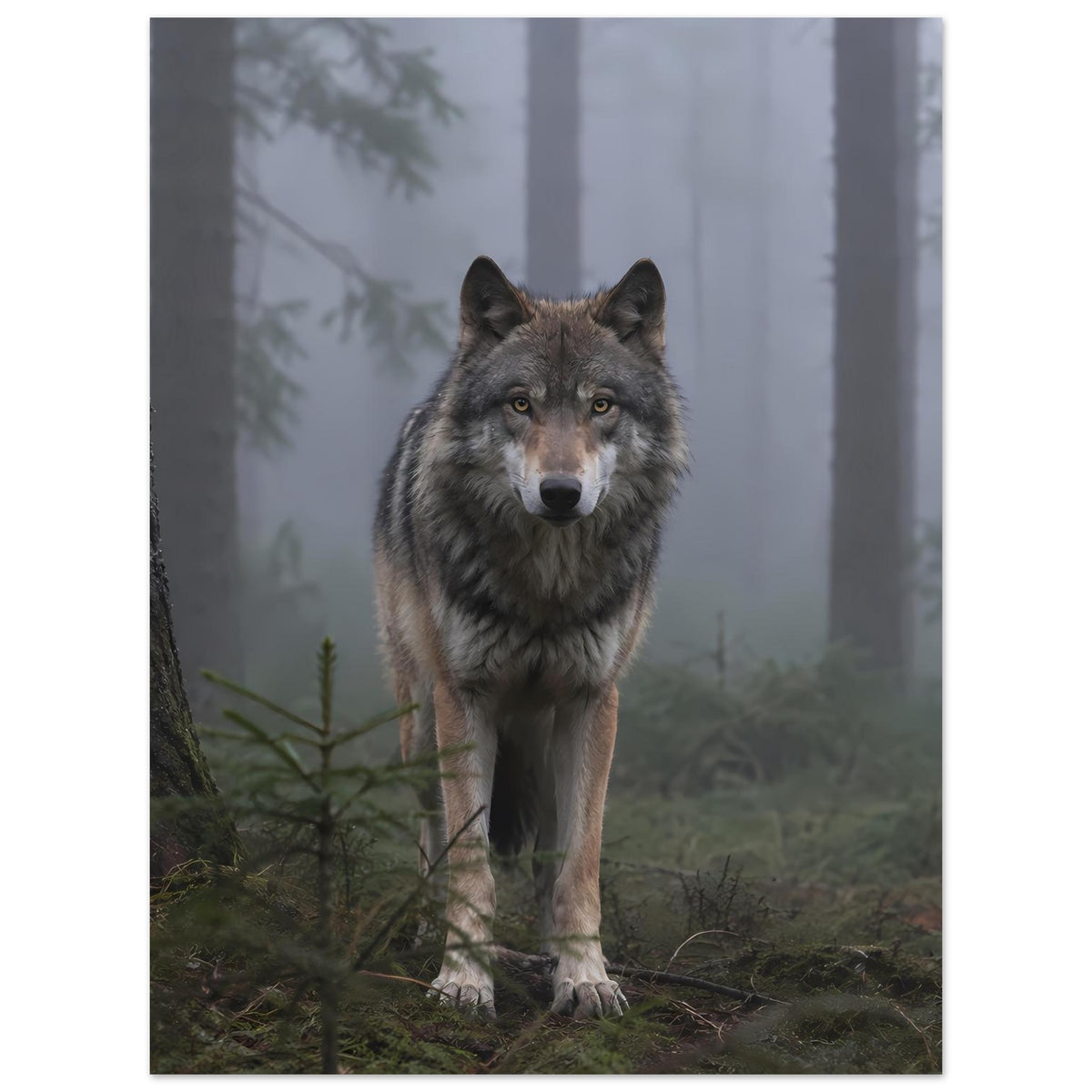 Poster mit grauem Wolf im Wald, ganzer Körper, ruhiger Blick nach vorn