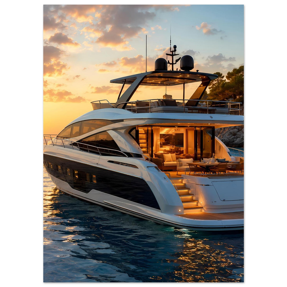 Poster mit Yachtbug und beleuchteter Lounge bei Sonnenuntergang