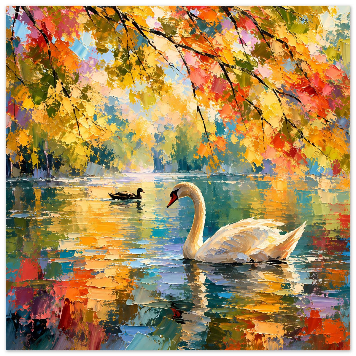 Herbstposter mit weißem Schwan, bunten Blättern über dem Gewässer und kräftiger Farbtextur