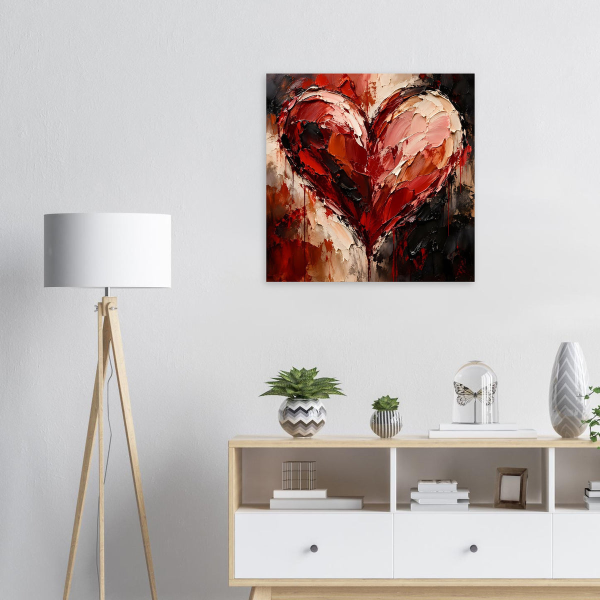 Quadratisches Poster mit abstraktem Herz in Rot, Beige und Schwarz