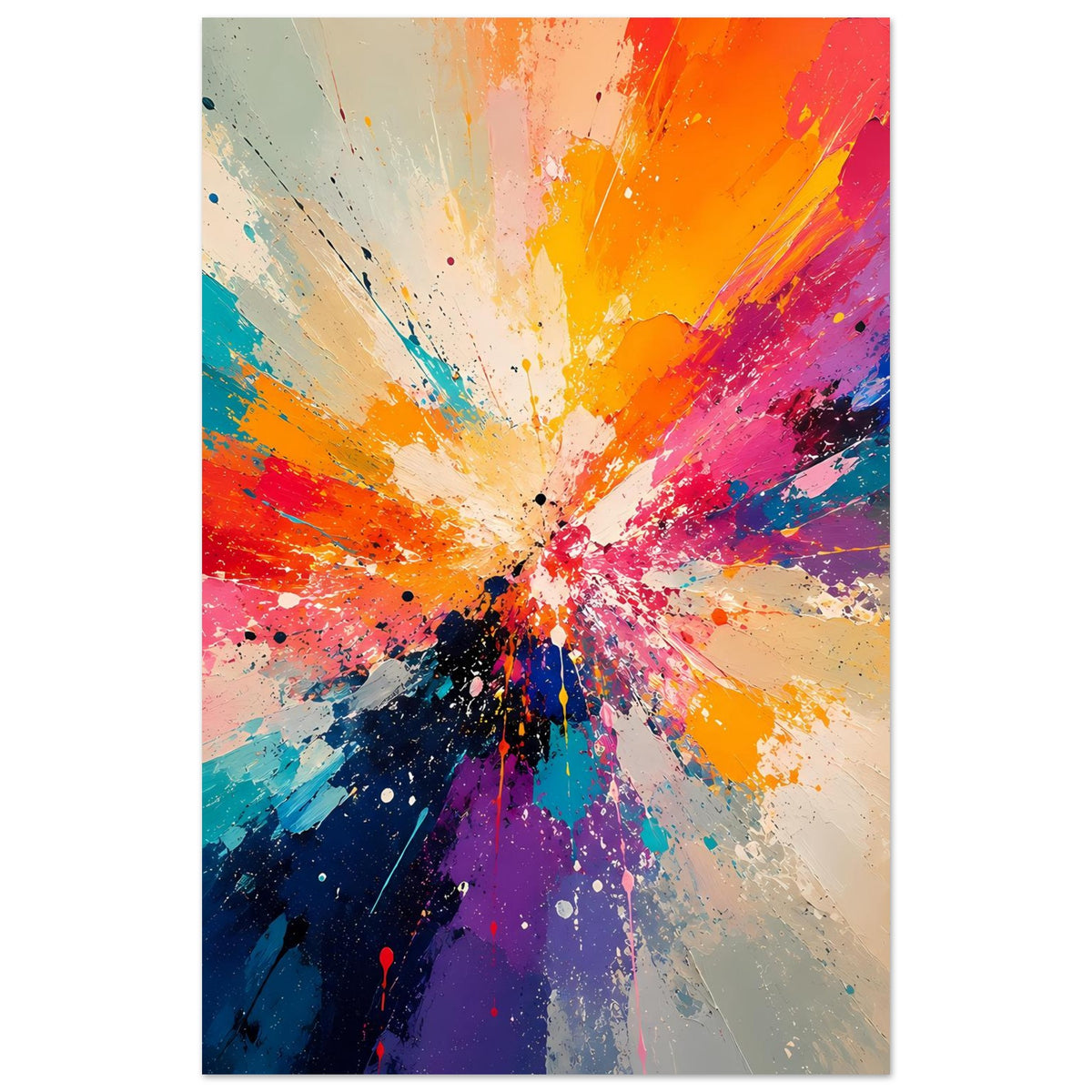 Abstrakter Kunstdruck im Hochformat: zentrierter Strahlenwirbel mit Farbklecksen.