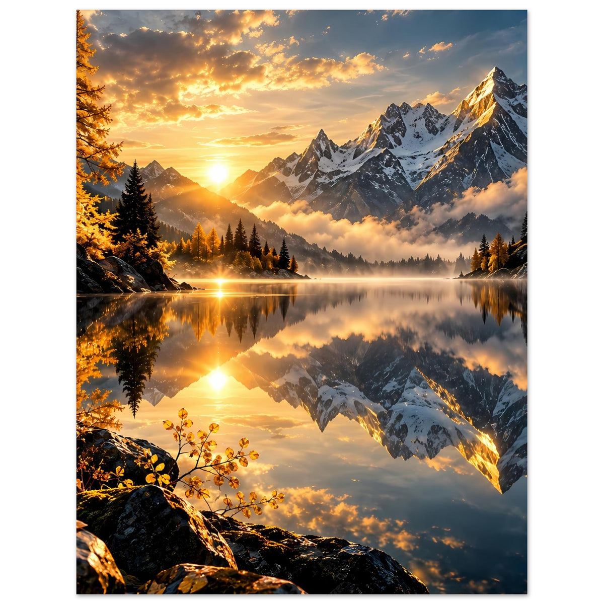 Hochformat-Poster mit Alpengipfeln, Bergsee-Spiegelung und Felsen im Vordergrund
