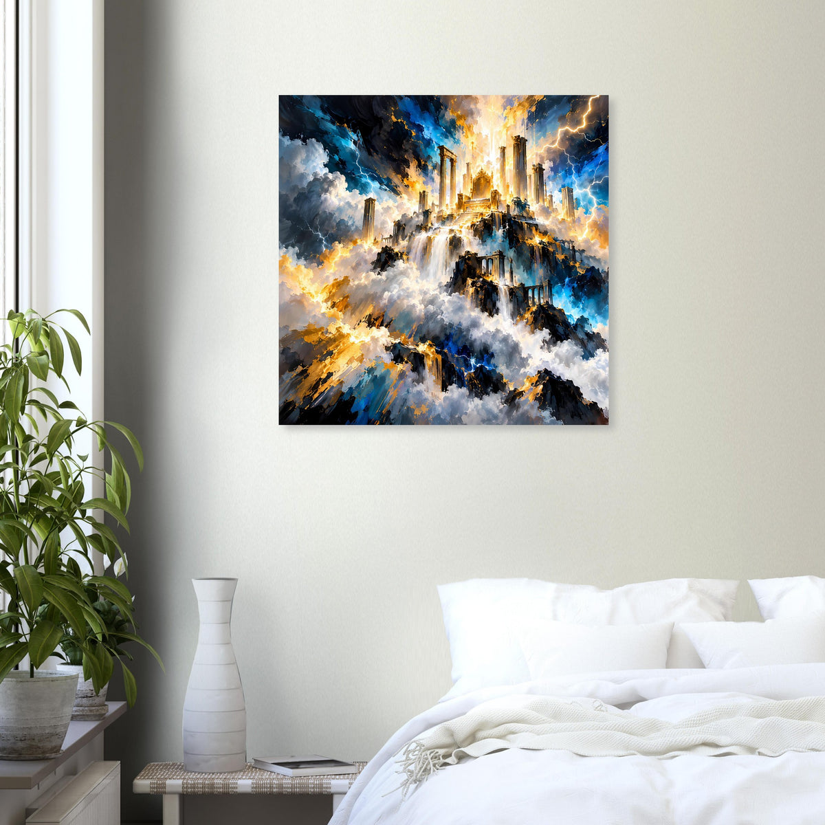 Quadratisches Fantasy-Poster mit schwarzem Rahmen: Himmel mit blauen Gewitterwolken und goldenem Leuchten