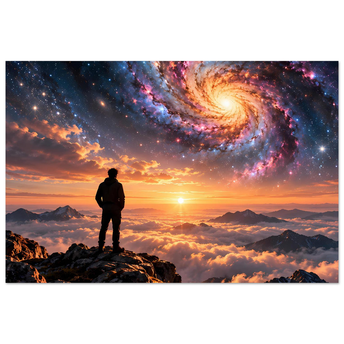 Poster mit Spiralgalaxie und farbigem Himmel, Silhouette auf Berggipfel bei Sonnenuntergang