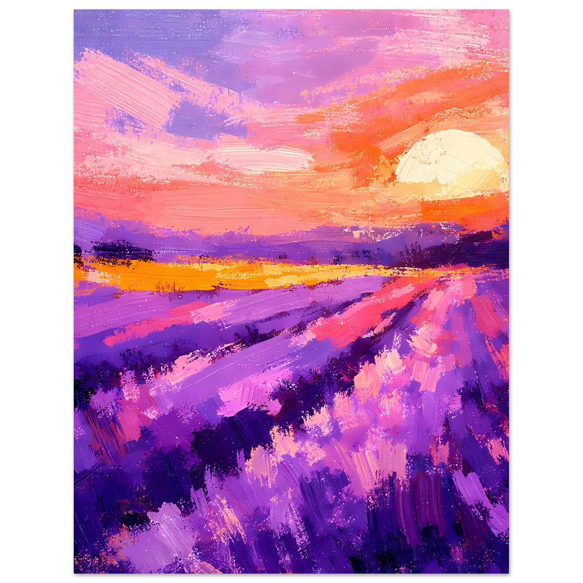 Vertikales Poster: violettes Lavendelfeld mit farbigen Pinselstrichen und Sonnenuntergang